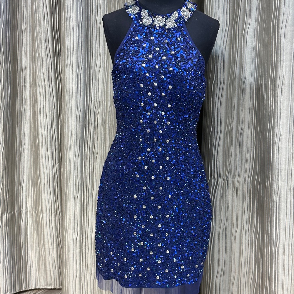 High neck fully sequin short royal blue dress size junior 12
